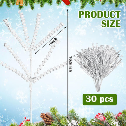 Tigeen 30 Pcs 16.5" White Christmas Tree Curly Picks Sprays Artificial Glitter Stems Glittery Twigs Branches for Christmas Tree Ornament Vase Filler DIY Garland Wreath Crafts Holiday Home Decor