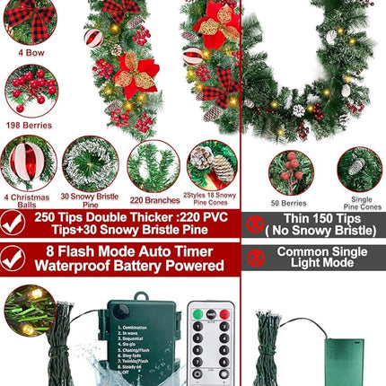 Remote Control - 9 Ft by 10 Inch Christmas Garland with 50 LED Lights Timer 8 Mode 300 Thick Snowy Tips 18 Pinecones 198 Berries 5 Poinsettia 4 Balls Battery Operated Outdoor Cedar Garland Xmas Decor