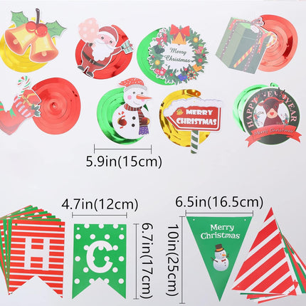 Merry Christmas Party Decorations Banner - Red Green Merry Christmas Banner, Pennant Flags Garland And Hanging Swirls for Christmas Party Decoration, Christmas Home Office Background Decor (MCB)