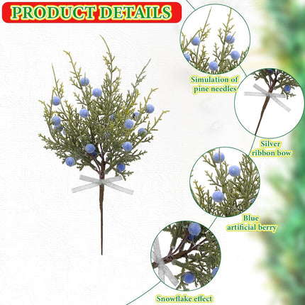 Lyrow 15 Pcs Artificial Pine Leaves Branches with Berries Artificial Juniper Cedar Spray Greenery Pine Twigs Stems Pick for Craft DIY Christmas Garland Wreath and Winter Indoor Outdoor Decorations