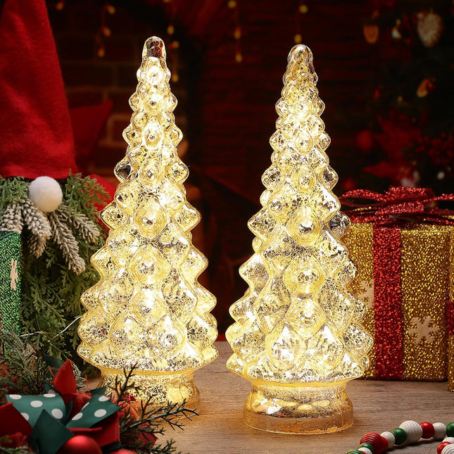 2 Pcs 12.6 Inch Lighted Glass Christmas Tree Figurine Battery Operated Glass Christmas Tree Silver Glass Lighted Christmas Tree Glass Tabletop Xmas Tree Decoration for Fireplace Mantel