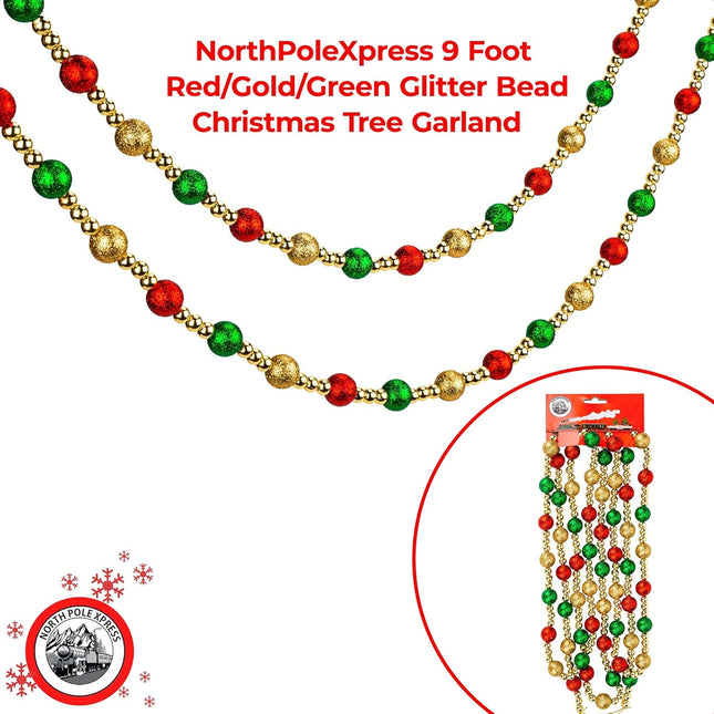9 Foot Multi Color Glitter Christmas Garland Multicolor Beaded Christmas Tree Garland for Retro Vintage Candy Trees Garland Christmas Decorations for Indoor Use Red Gold Green Beads