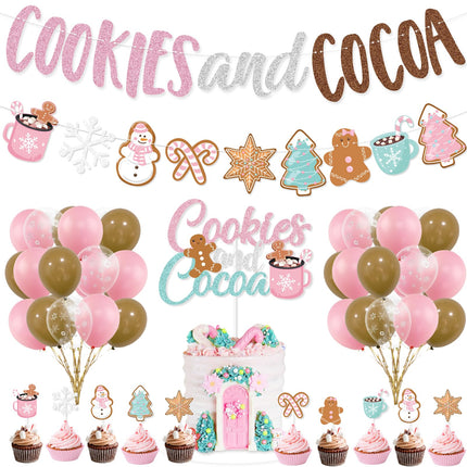 Cookies and Cocoa Party Decorations, Pink Cookies and Cocoa Banner Christmas Gingerbread Man Banner Cake Topper Balloons for Christmas Hot Cocoa Bar Supplies Christmas Birthday Party Decorations