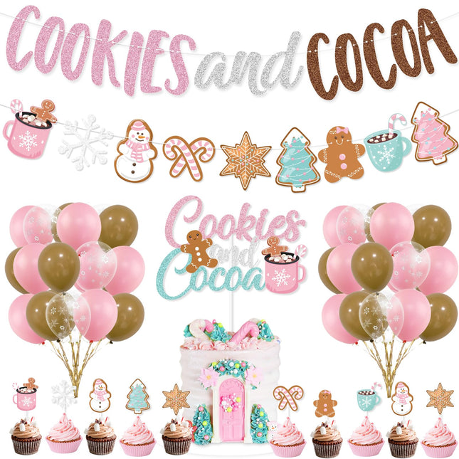 Cookies and Cocoa Party Decorations, Pink Cookies and Cocoa Banner Christmas Gingerbread Man Banner Cake Topper Balloons for Christmas Hot Cocoa Bar Supplies Christmas Birthday Party Decorations