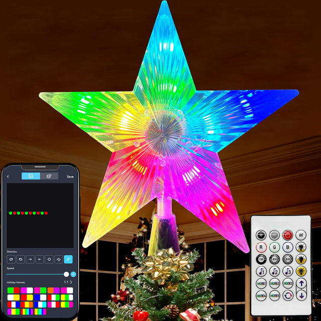 Smart Christmas Tree Topper Star w/Remote & APP, 7.6" DIY Color Changing RGB LED Lighted Tree Top Star, Music Sync, Schedule, Holiday Themes, Multicolor Treetop Light for Xmas Trees s Decorations