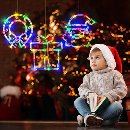 LOLStar Christmas Decorations 3 Pack Wreath, Box, Santa Claus Christmas Window Lights with Suction Cups, Battery Operated Christmas Lights, Slow Fade Mode and Timer Function