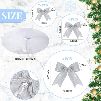 38 Pieces 40 Inch Christmas Tree Skirt Include 34 x 12 Inch Large Christmas Tree Topper Bow Small Glitter Bow Christmas Decor for Christmas Tree Accessories(Silver)
