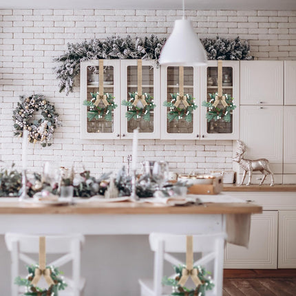 Lyrow 8 Pcs Mini Christmas Kitchen Cabinet Wreaths with Burlap Ribbon Artificial Green Leaves White Berries Hanging Wreaths for Home Front Door Christmas Holiday Indoor Decor
