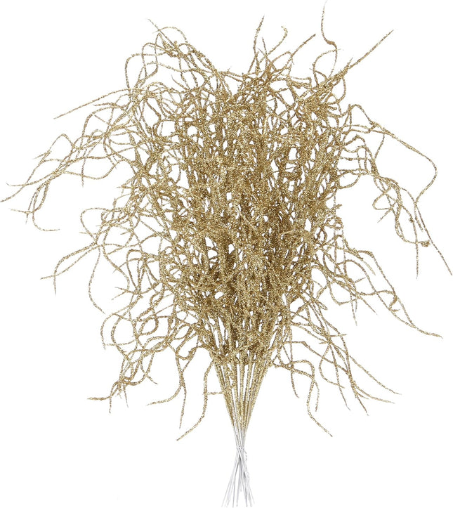 Sea Team 36-Pack Artificial Glitter Vine Twig Ornaments, Decorative Curly Beard Sticks, Glittery Stems, Picks, Branches for Christmas Tree, Small Vase, Holiday, Wedding, Party (12 Inches, Gold)