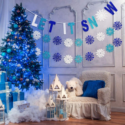 3 Pieces Let It Snow Banner, Glitter Winter Snowflake Garland Banner, White Blue Snowflake Hanging Ornaments for Christmas Holiday Party Decorations Year Festive Frozen Party Supplies
