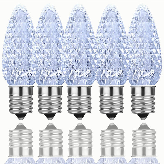 25 Pack C9 LED Bulb Christmas Replacement Lights，Dimmable Christmas Lights Bulbs, Faceted SMD LED Light Christmas Bulbs Replacement, Shatterproof LED Light Bulbs, E17 Base, Cool White