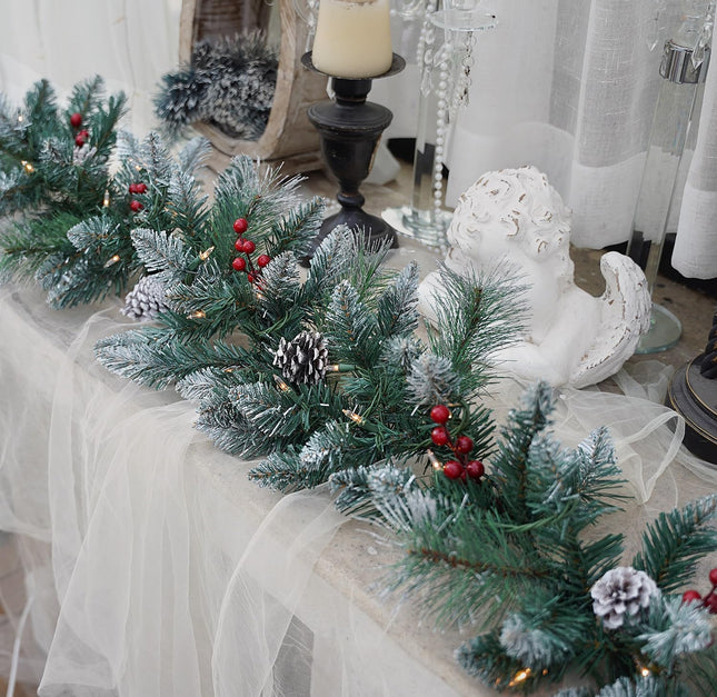 Pre-Lit Artificial Christmas Garland, Snowflake Wreath, White Lights 50, Decorated with Pine Cones, Berry Clusters, Plug in, Christmas Decorations, 9 Feet