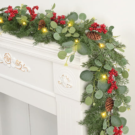 Waipfaru Christmas Decorations, 5.9FT Christmas Garland with Lights, Prelit Lighted Christmas Greenery Cedar Garland Cypress for Home Table Mantel Stair Railing Indoor Outdoor Xmas Decor