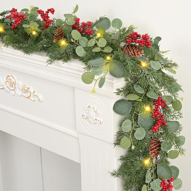 Waipfaru Christmas Decorations, 5.9FT Christmas Garland with Lights, Prelit Lighted Christmas Greenery Cedar Garland Cypress for Home Table Mantel Stair Railing Indoor Outdoor Xmas Decor