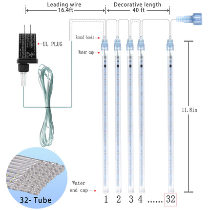 Christmas Lights Outdoors：32 Tubes(Equivalent to 4 Sets of 8-Tubes) Meteor Shower Rain Lights - Blue lcicle Christmas Lights Outdoor for Xmas Tree Wedding Party Holiday House Yard Decor, UL Plug