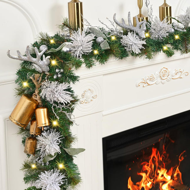 Christmas Garland Decorations - 5.9 FT Christmas Garland for Mantle, Realistic Christmas Garlands with Reindeer Antlers Flocked Pine Needles Berries for Indoor Outdoor Christmas Decor