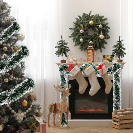 Sggvecsy 49.2Ft Christmas Green and White Tinsel Garland Xmas Tree Decorations Christmas Metallic Twist Garland Ceiling Hanging Decorations for Year Party Birthday Holiday Indoor Outdoor Supplies