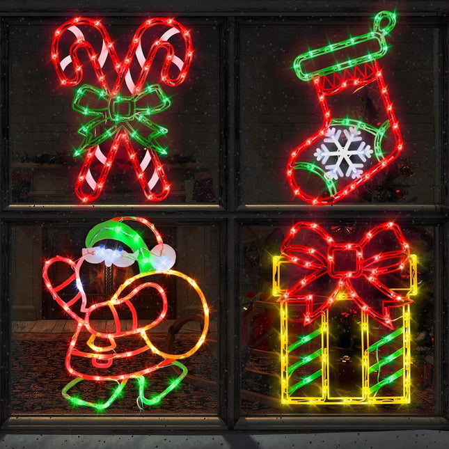 16" Christmas Window Silhouette Lights Decorations - 4 Pack Colour Lighted Santa ＆ Box ＆ Candy Cane ＆ Christmas Stocking for Holiday Indoor and Outdoor Wall Door Window Decorate