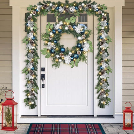 Christmas Wreath with Lights,24 Inch Christmas Wreath for Front Door with Christmas Blue Balls,Pine Cones and Pine Needles Xmas Wreath for Fireplace Window Front Door Wall Decor