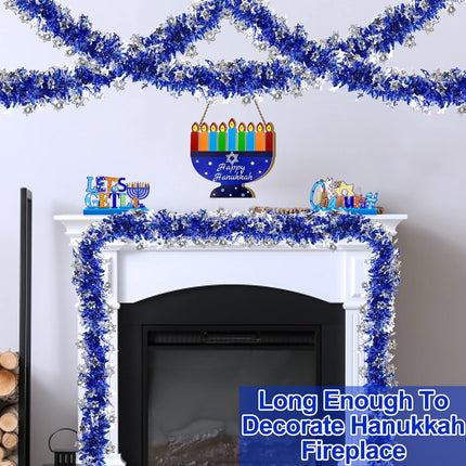 TURNMEON 33 Ft by 6 Inch Hanukkah Tinsel Garland Hanukkah Decorations with Star of David Silver Ornaments Blue Metallic Streamers Hanukkah Decoration Home Indoor Outdoor Chanukah Party Supplies