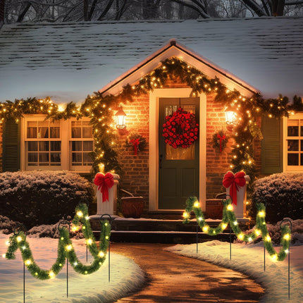 Christmas Pathway Lights Outdoor 50 ft Pre Lit Garland Walkway Lights Decoration Solar Christmas Green Garland with 100 LED and Walkway Stakes for Yard Lawn Garden Outdoor