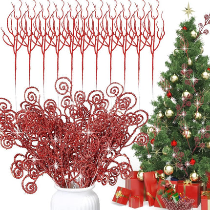 Christmas Tree Decoration, Red Christmas Ornaments, Artificial Candy Glitter Curly Stems Set for Xmas Tree Wreath DIY Crafts Vase (40 Pcs)
