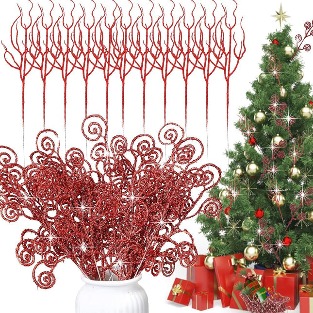 Christmas Tree Decoration, Red Christmas Ornaments, Artificial Candy Glitter Curly Stems Set for Xmas Tree Wreath DIY Crafts Vase (40 Pcs)