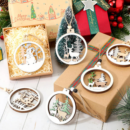 Coume 24 Pcs Christmas Wooden Ornaments Christmas Tree Ornaments Hollow Winter Ornaments Wood Craved Hanging Craft Decorations Farmhouse Rustic 3D Glitter Reindeer Santa Snowman, 12 Designs