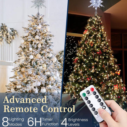 Luxspire Christmas Tree Topper, Double-Layer Glitter Metal 3D Lighted Tree Topper with USB Plug in & Remote Control, 10.6" Christmas Decorations Lights for Home Party, Silver