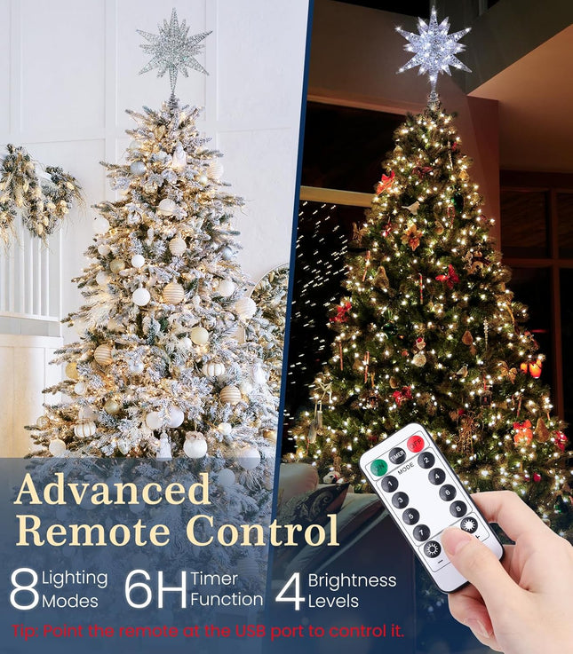 Luxspire Christmas Tree Topper, Double-Layer Glitter Metal 3D Lighted Tree Topper with USB Plug in & Remote Control, 10.6" Christmas Decorations Lights for Home Party, Silver