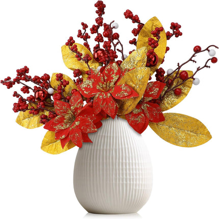 4 Pcs Christmas Poinsettia Picks Christmas Magnolia Flowers Artificial Glitter Christmas Flowers with Christmas Balls Red Berries Gold Leaves for Xmas Tree Wreath Vase Floral Arrangement