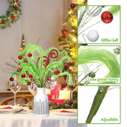 6 Pcs Whimsical Green Furry Christmas Tree Picks Decorations Christmas Woolen Curly Pick 20” Furry Spiral Curly Sprays Artificial Glitter Berry Stems for Xmas Tree Topper Wreath Crafts