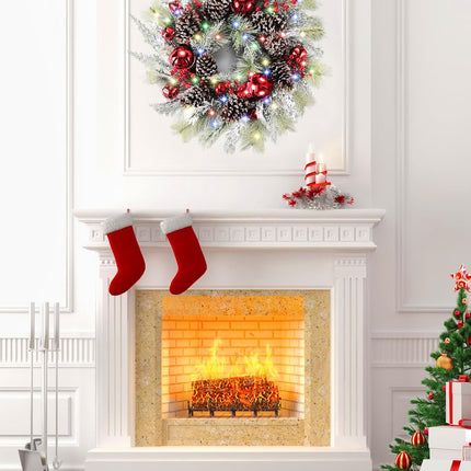 DDHS Christmas Wreaths for Front Door,24 Inch Pre-Lit Winter Wreath with Big Bells, Pine Cones, Red Berries 60 LED Lights, for Party Table Fireplaces Porch Walls Years Christmas Home Decor-Snow