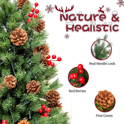24 Inch Outdoor Christmas Tree 2 Set, Pre-lit Mini Christmas Tree Artificial Pathway Xmas Tree 50 LED with Red Berries, Pine Cones for Porch Holiday Decor