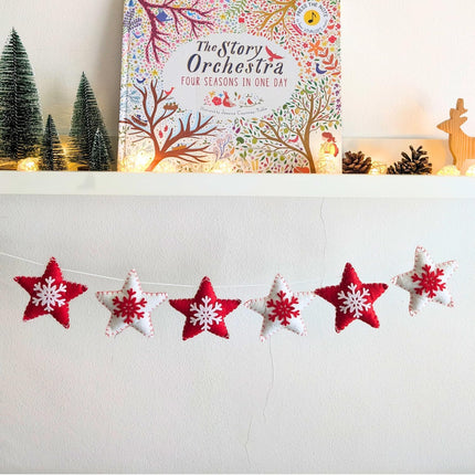 Christmas Felt Garland with Snowflake Design - Christmas Mantel Garland - Nordic Christmas - Danish Christmas Decorations - 47.3"/120cm (Red&White Stars)