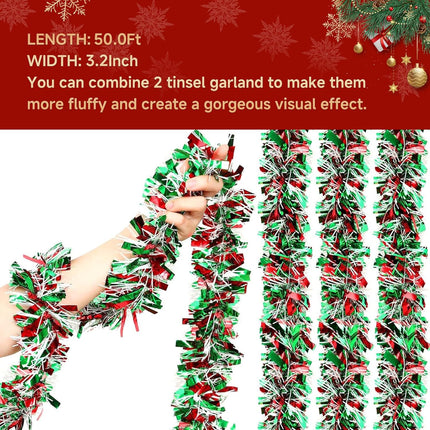 50FT Red Green White Christmas Tinsel Garland Metallic Twist Decoration for Xmas Tree, Year, Birthday Party, Holiday Decor, Indoor & Outdoor Supplies