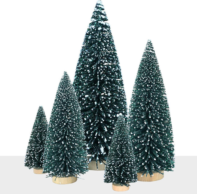 5Pcs Christmas Decorations Mini Christmas Trees, Artificial Christmas Tree Bottle Brush Trees with Glitter Powder Wooden Base for Christmas Decor Christmas Party Home Table