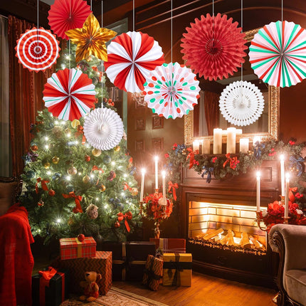 Christmas Hanging Decorations Indoor, Red Gold Peppermint Candy Hanging Christmas Decorations, Hanging Paper Fans, Xmas Wall Décor, Classroom Decorations for Xmas Holiday Ceilings Wall