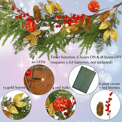 6FT Christmas Lighted Garland, Battery Operated Christmas Garland with Lights, Pre Lit Garland with Red Balls for Indoor Home Fireplace Winter Christmas Holiday Year Decoration