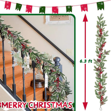 Christmas Pine Garland Artificial 6.3ft with Red Berry Branch Pine Cone, Xmas Tree Garland, Table Runner Decorations, Winter Holiday Decor Outdoor Indoor for Stairs Railing