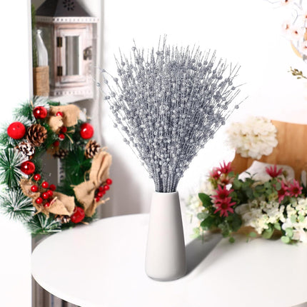 Geosar 30 Pcs Christmas Artificial Glitter Berry Stem Decorations Bead Sticks Pick 17 Inch Xmas Ornaments Glittery Twigs for Christmas Tree Halloween Wreath Vase Filler Home Decor(Silver)