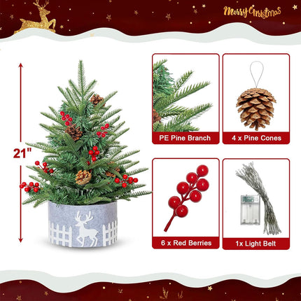 Pre-lit Tabletop Artificial Mini PE Christmas Tree - 21" Little Xmas Tree with LED Lights and Fence Base for Home Office Holiday DIY Décor