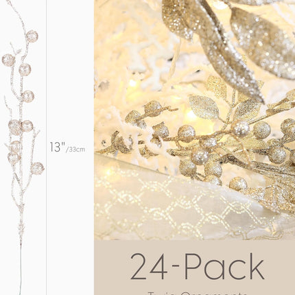 Sea Team 24-Pack Artificial Glitter Berry Twigs, Bacca Stem Ornaments, Decorative Bead Sticks, Picks, Branches for Christmas Tree, Wreath, Vase Fillers for Centerpieces, Home Décor, Champagne