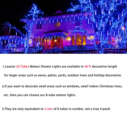 Christmas Lights Outdoors：32 Tubes(Equivalent to 4 Sets of 8-Tubes) Meteor Shower Rain Lights - Blue lcicle Christmas Lights Outdoor for Xmas Tree Wedding Party Holiday House Yard Decor, UL Plug