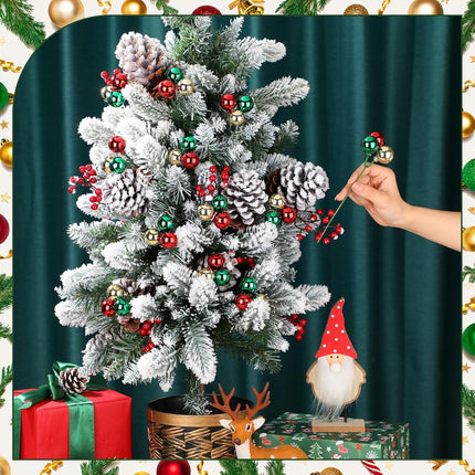 Syhood 12 Set Christmas Tree Picks 7.9 Inch Red Green Gold Christmas Ball Ornaments on Wired Picks Shatterproof Plastic Hanging Ornaments for Xmas Tree Vase Fillers Wreath Crafts Decor