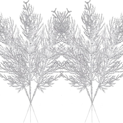 Christmas Glitter Stems 24pcs Artificial Pine Tree Picks for Christmas Tree Ornaments fillers, DIY Xmas Wreath, Crafts, Garland, Holiday, Party, Wedding and Home Decoration (Silver)