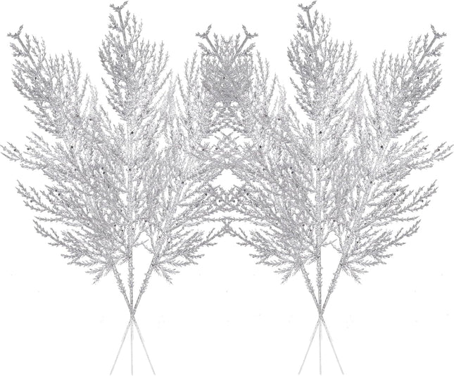 Christmas Glitter Stems 24pcs Artificial Pine Tree Picks for Christmas Tree Ornaments fillers, DIY Xmas Wreath, Crafts, Garland, Holiday, Party, Wedding and Home Decoration (Silver)