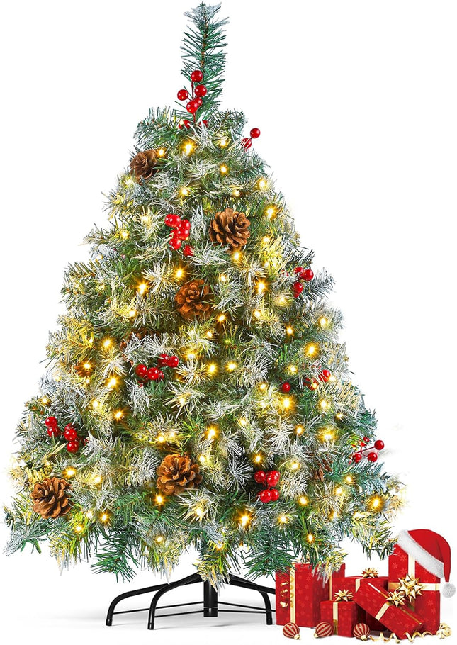 3FT Tabletop Artificial Christmas Tree,PVC Realistic Branch Tips, 10 Grouds Red Berries,8 Modes Colors LED Lights,Small Xmas Tree for Home,Office Decoration