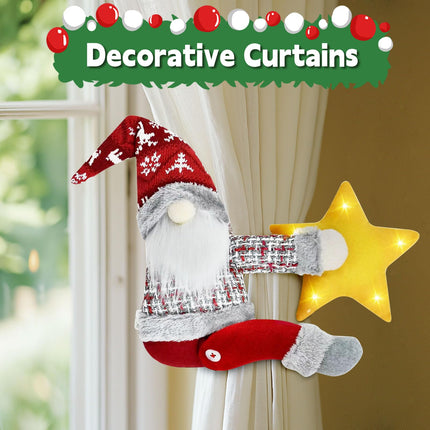 Christmas Tree Topper Gnome Decorations with Lights Star, Handmade Embrace Christmas Tree Gnome with Lighted Star，Christmas Home Decor Curtain Tie Wine Bottle Decoration, Red Hat