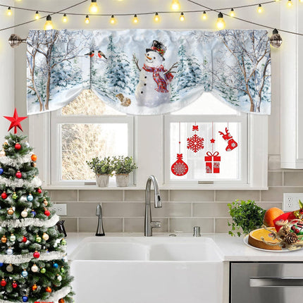 Christmas Snowman Tie Up Window Valances for Kitchen, Winter White Rod Pocket Kitchen Curtain Valance Small Window Topper Decor Xmas Tree Valance Curtains for Living Room, Bedroom, Bathroom, 60" x 18"